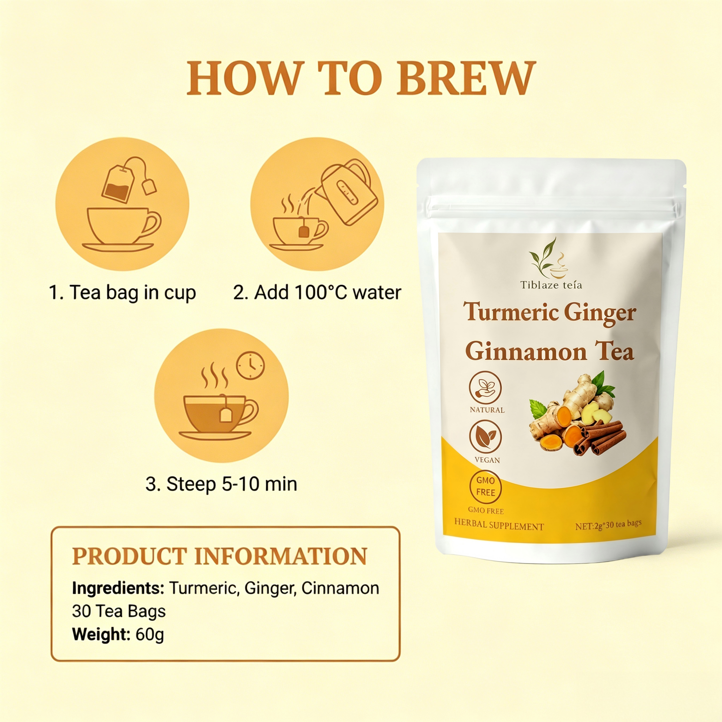 Premium Organic Turmeric Tea - 30 Day Vitality Plan (30 Bags) | Tiblaze teía