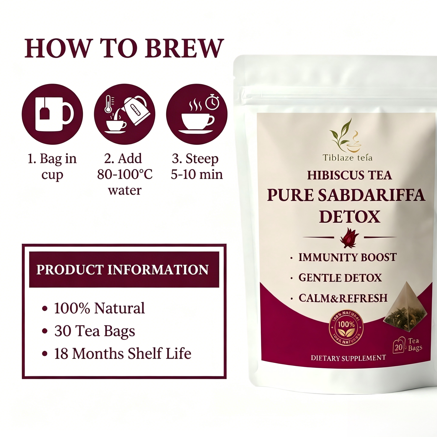 Pure Sabdariffa Hibiscus Detox Tea - 20 Day Routine (20 Bags) | Tiblaze teía
