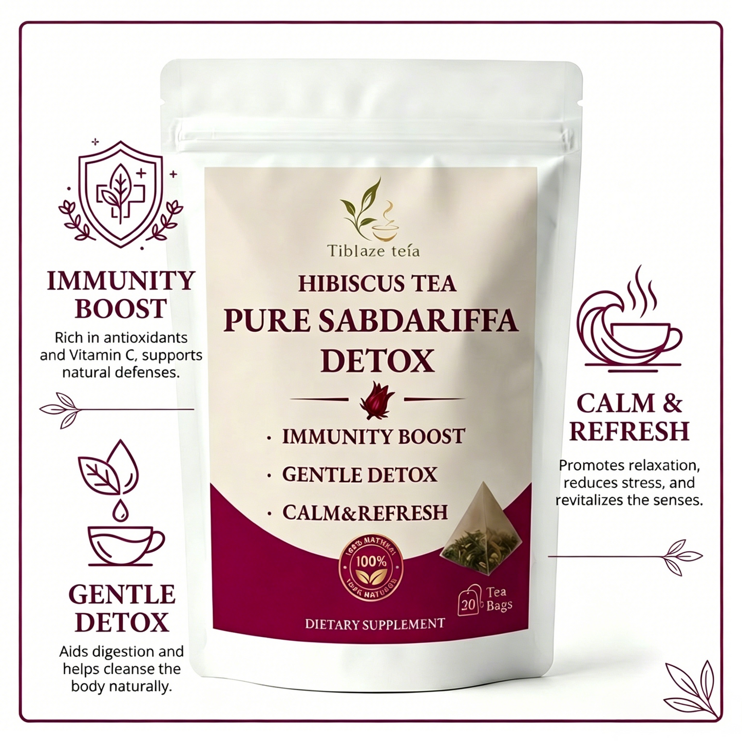 Pure Sabdariffa Hibiscus Detox Tea - 20 Day Routine (20 Bags) | Tiblaze teía